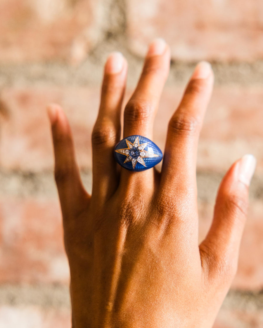 Ring in Pink Gold & Navy Blue Enamel set with Diamonds & Blue Sapphire