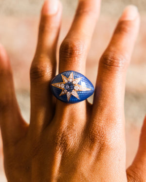 Ring in Pink Gold & Navy Blue Enamel set with Diamonds & Blue Sapphire