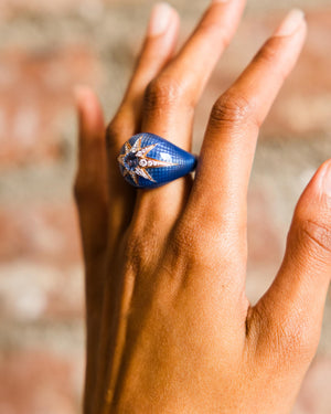 Ring in Pink Gold & Navy Blue Enamel set with Diamonds & Blue Sapphire