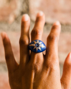 Ring in Pink Gold & Navy Blue Enamel set with Diamonds & Blue Sapphire