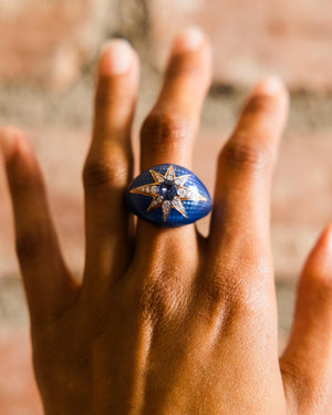 Ring in Pink Gold & Navy Blue Enamel set with Diamonds & Blue Sapphire