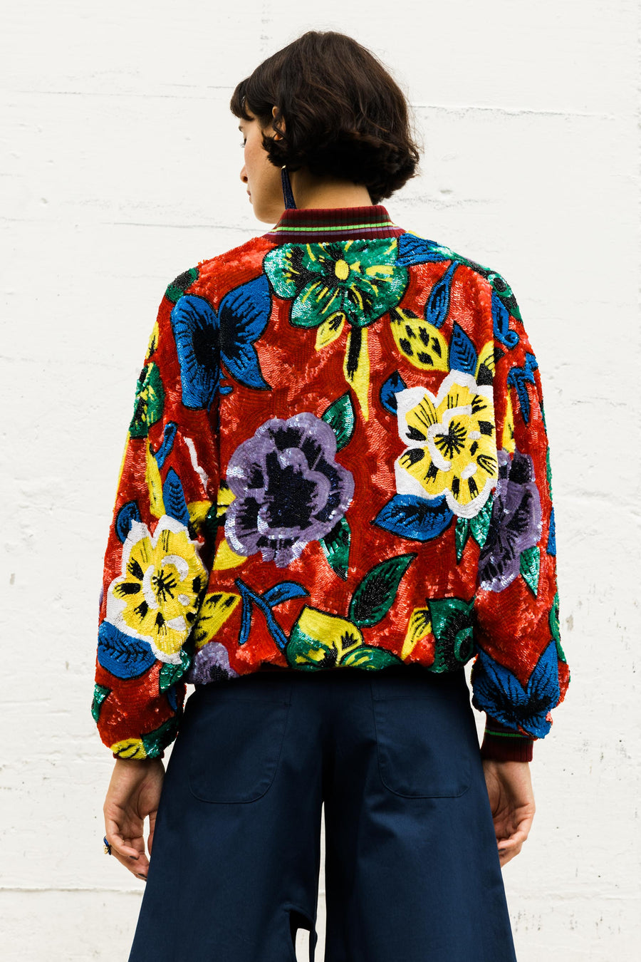 SEQUIN BOMBER JACKET IN RED ROSES