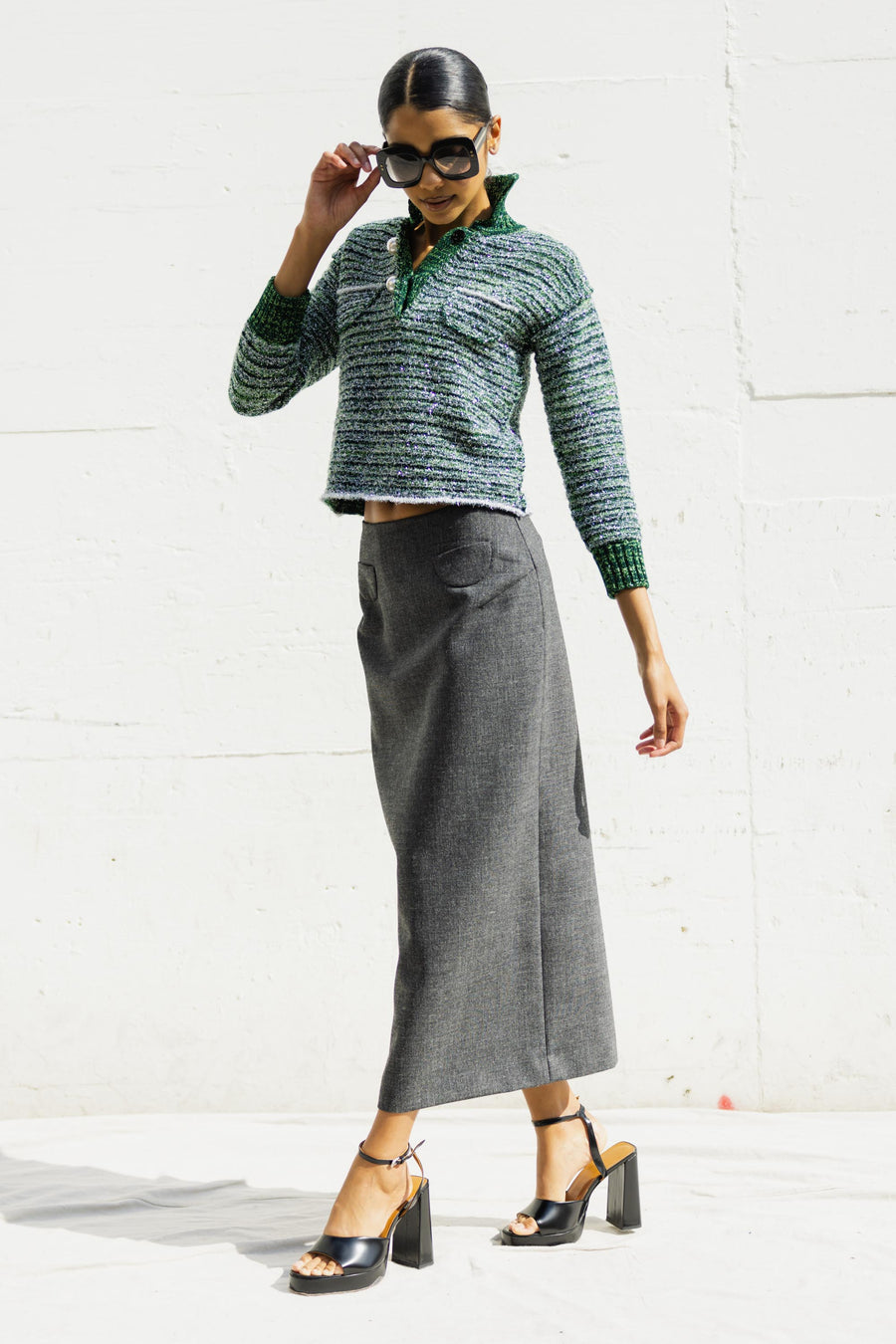 STRIPED TWEED POLO SWEATER WITH 3/4 SLEEVE IN GREEN MULTI