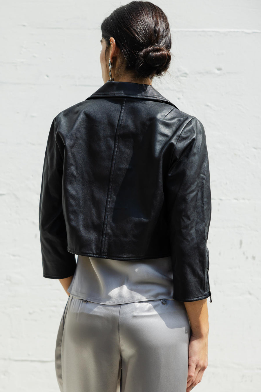Relaxed Stretch Leather Moto in Black