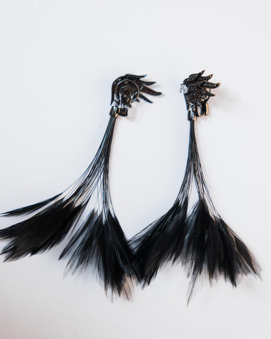 Vintage Interchangeable Black & White Diamond Feather Earrings