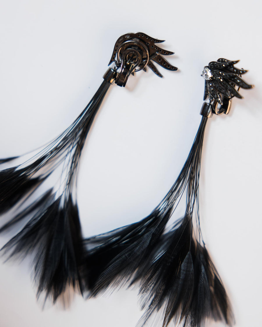 Vintage Interchangeable Black & White Diamond Feather Earrings