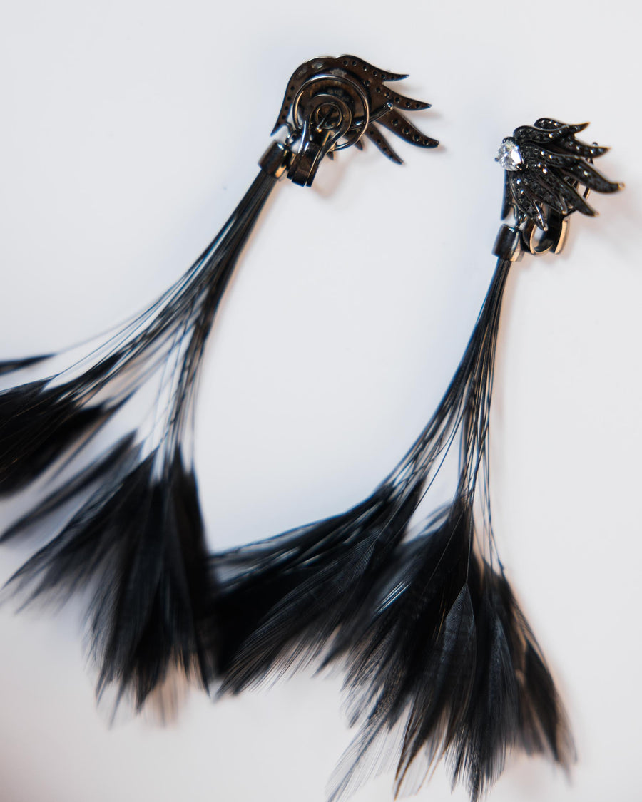 Vintage Interchangeable Black & White Diamond Feather Earrings