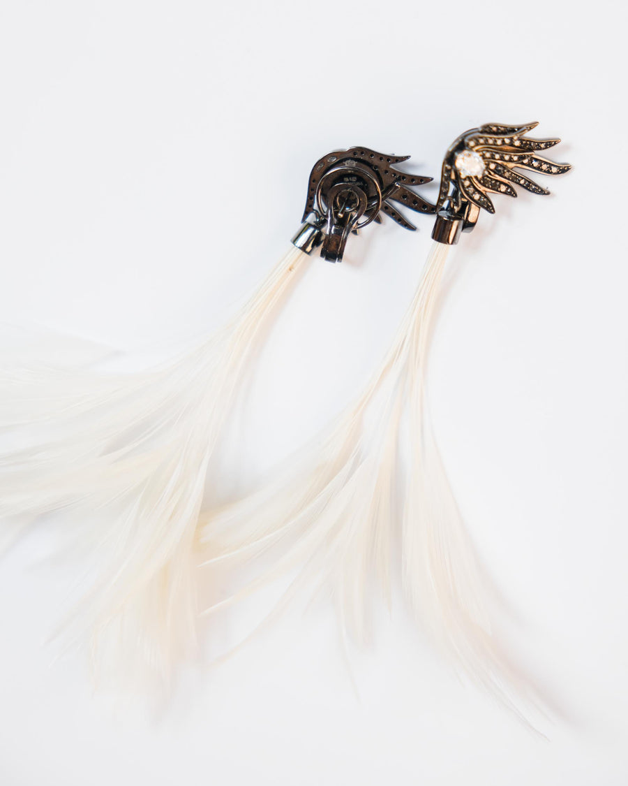 Vintage Interchangeable Black & White Diamond Feather Earrings