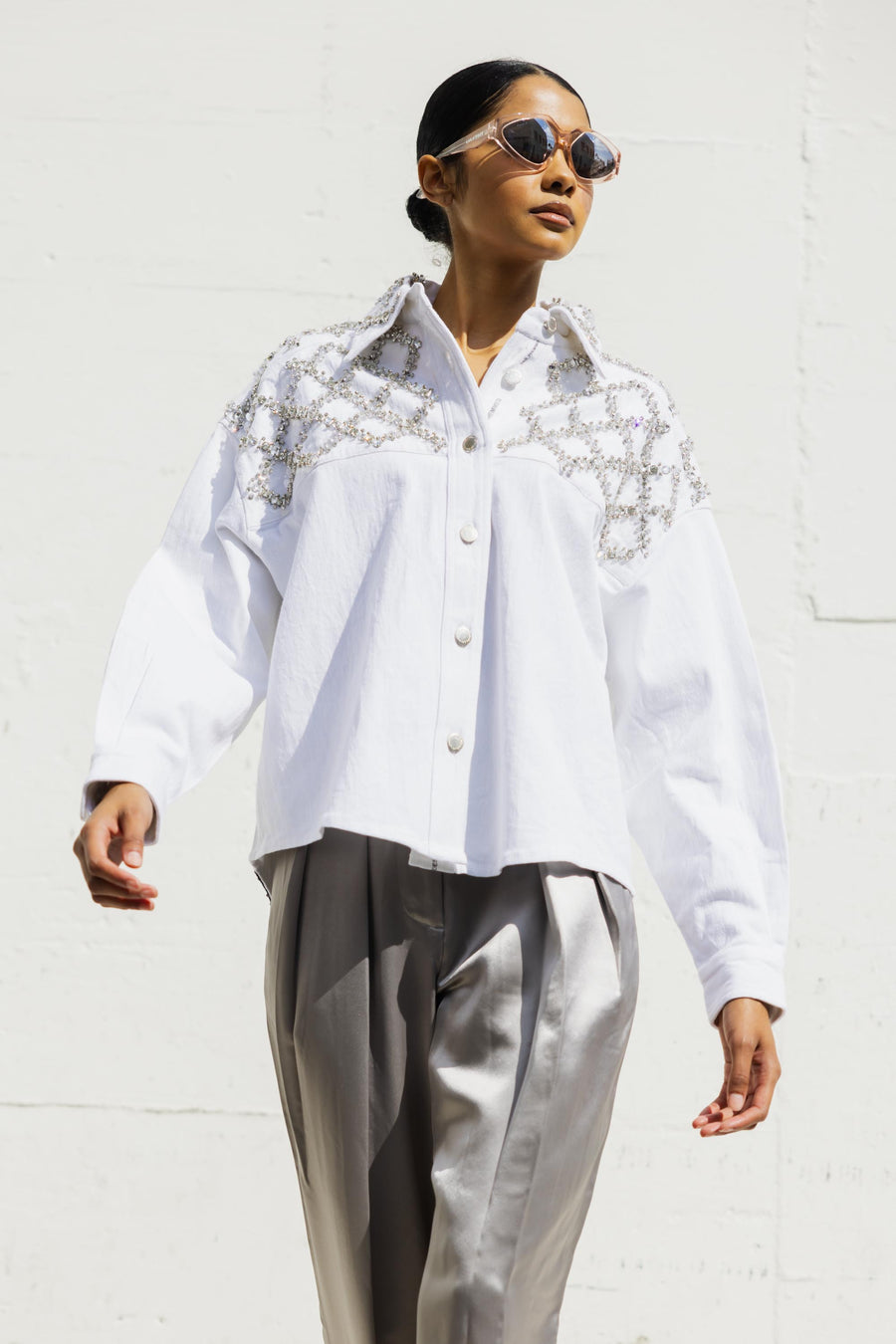 Denim Crystal Embroidered Shirt in White