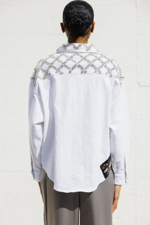 Denim Crystal Embroidered Shirt in White