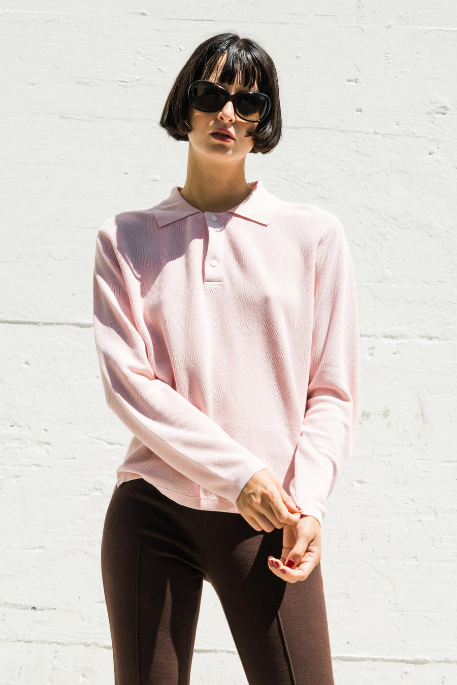 Long Sleeve Brooke Polo in Pale Pink