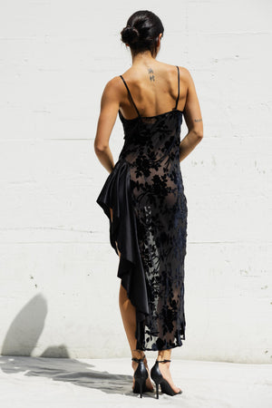 Black Floral Burnout Velvet And Satin Asymetrical Cowl Neck Bias Dress