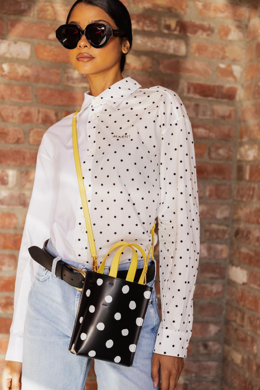 Marni Button Up Shirt in White w/ Black Polka Dots