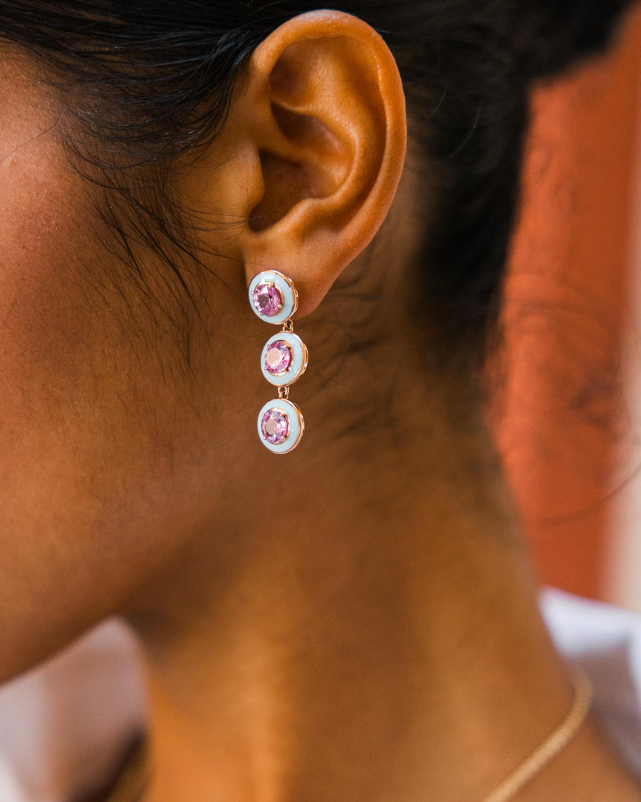 Earrings in Pink Gold & Light Blue Enamel set with Pink Sapphires