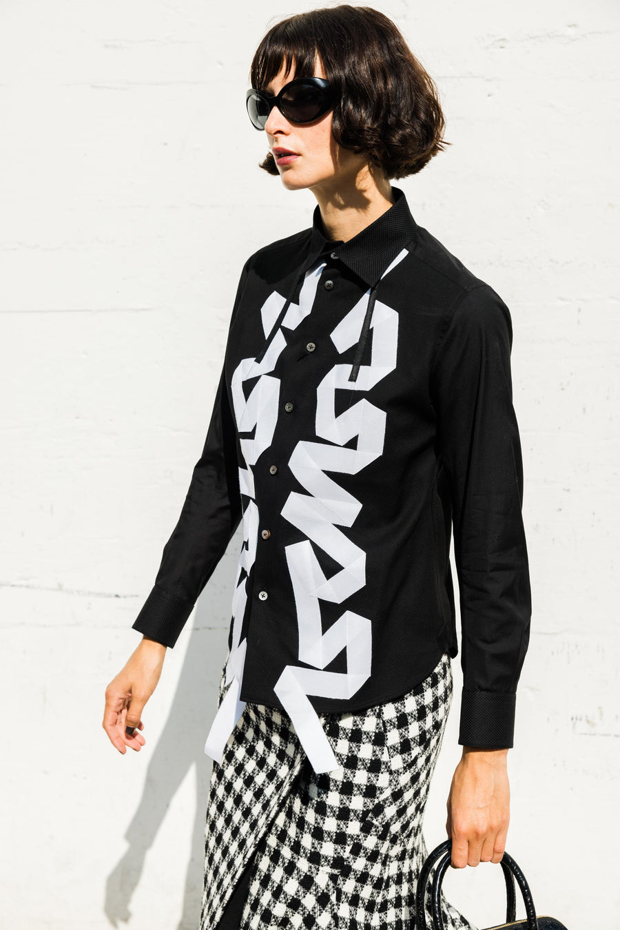 SS Cotton Shirt in Black w/ White Ribbons