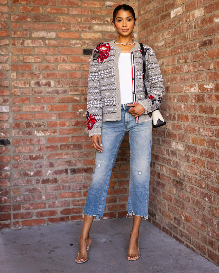 Rose Embroidered Fair Isle Crew Neck Cardigan In Shetland Wool