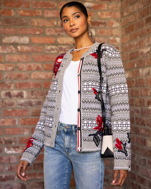 Rose Embroidered Fair Isle Crew Neck Cardigan In Shetland Wool