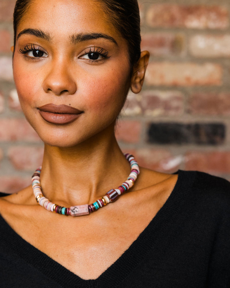 Puka Shell with Pink Marbellized Bead Necklace