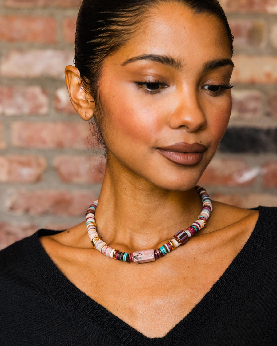 Puka Shell with Pink Marbellized Bead Necklace