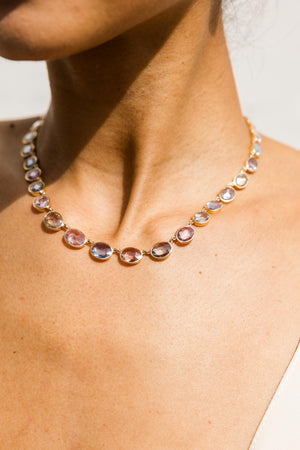 Multi Colored Sapphire Necklace with oval stones bezel set in
18K