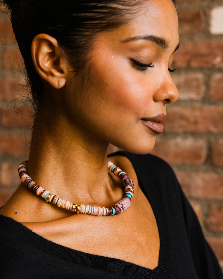 Puka Shell with Pink Marbellized Bead Necklace