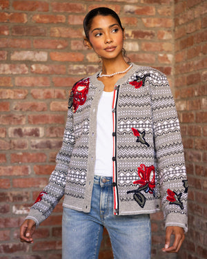 Rose Embroidered Fair Isle Crew Neck Cardigan In Shetland Wool