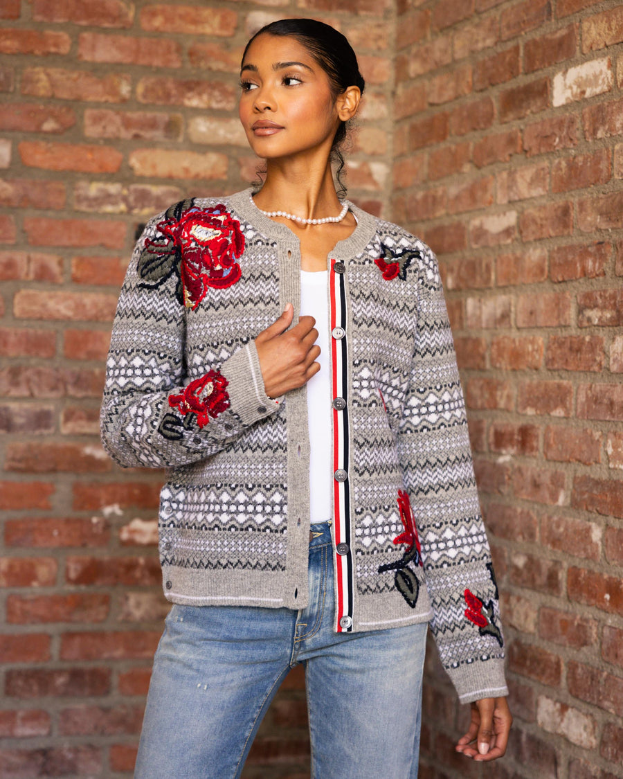 Rose Embroidered Fair Isle Crew Neck Cardigan In Shetland Wool