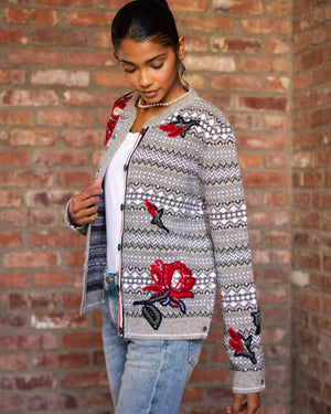 Rose Embroidered Fair Isle Crew Neck Cardigan In Shetland Wool