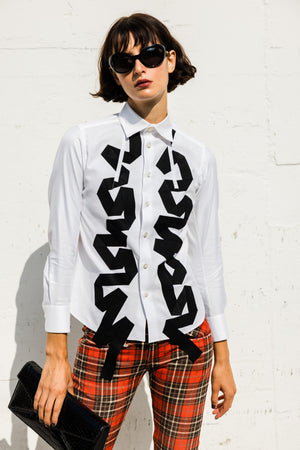 SS Cotton Shirt in White w/ Black Ribbons