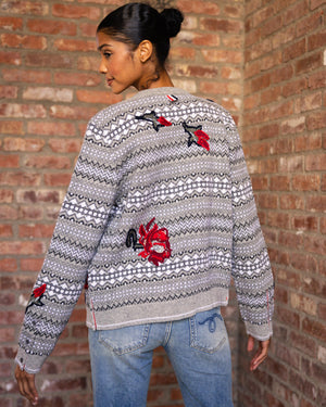 Rose Embroidered Fair Isle Crew Neck Cardigan In Shetland Wool