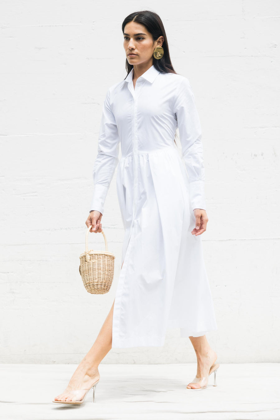 Long Pleated Shirt Dress in White