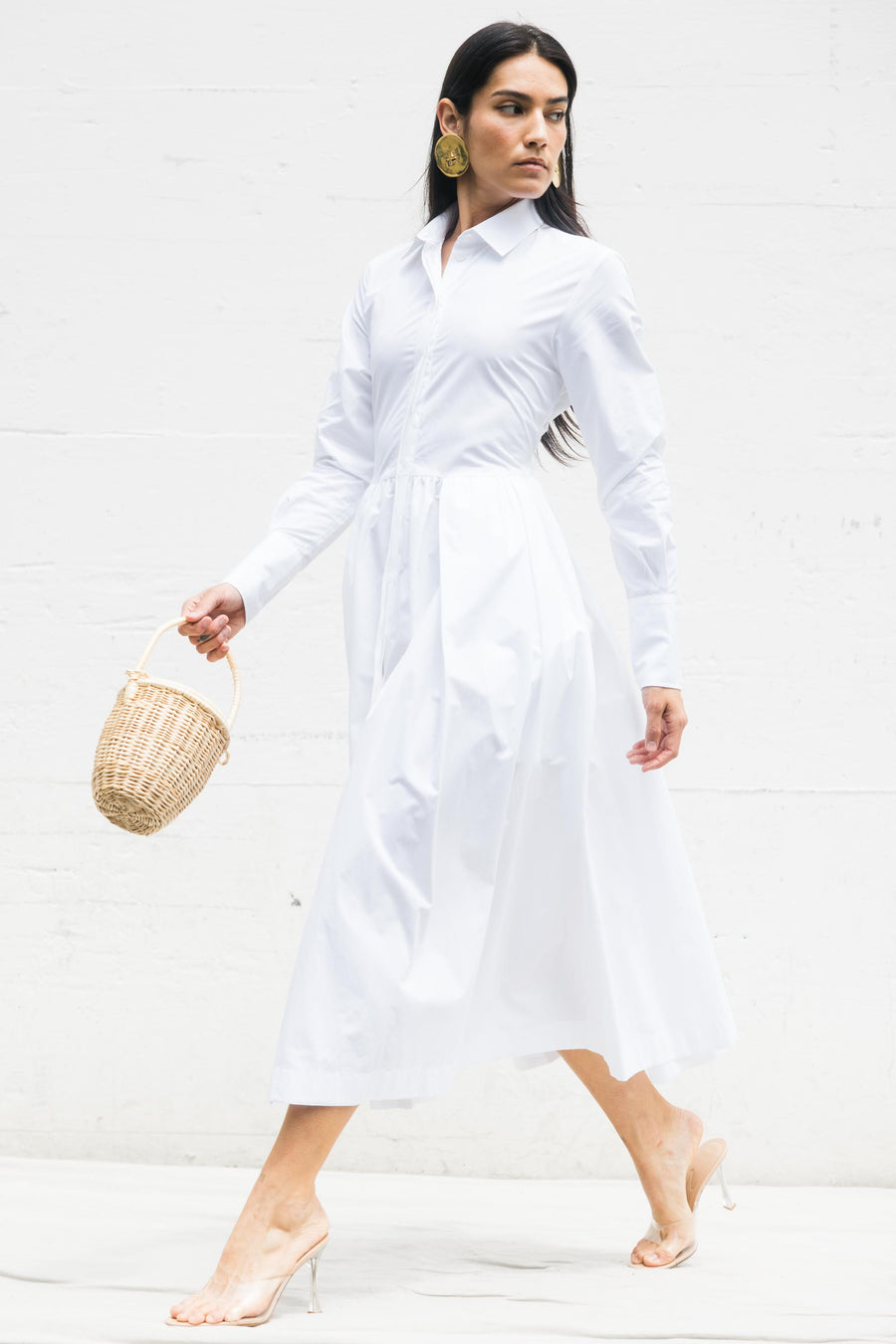Long Pleated Shirt Dress in White