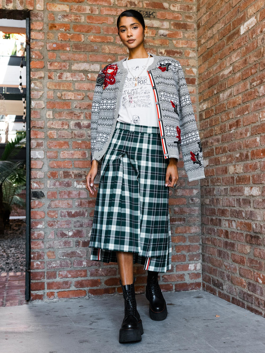 Rose Embroidered Fair Isle Crew Neck Cardigan In Shetland Wool