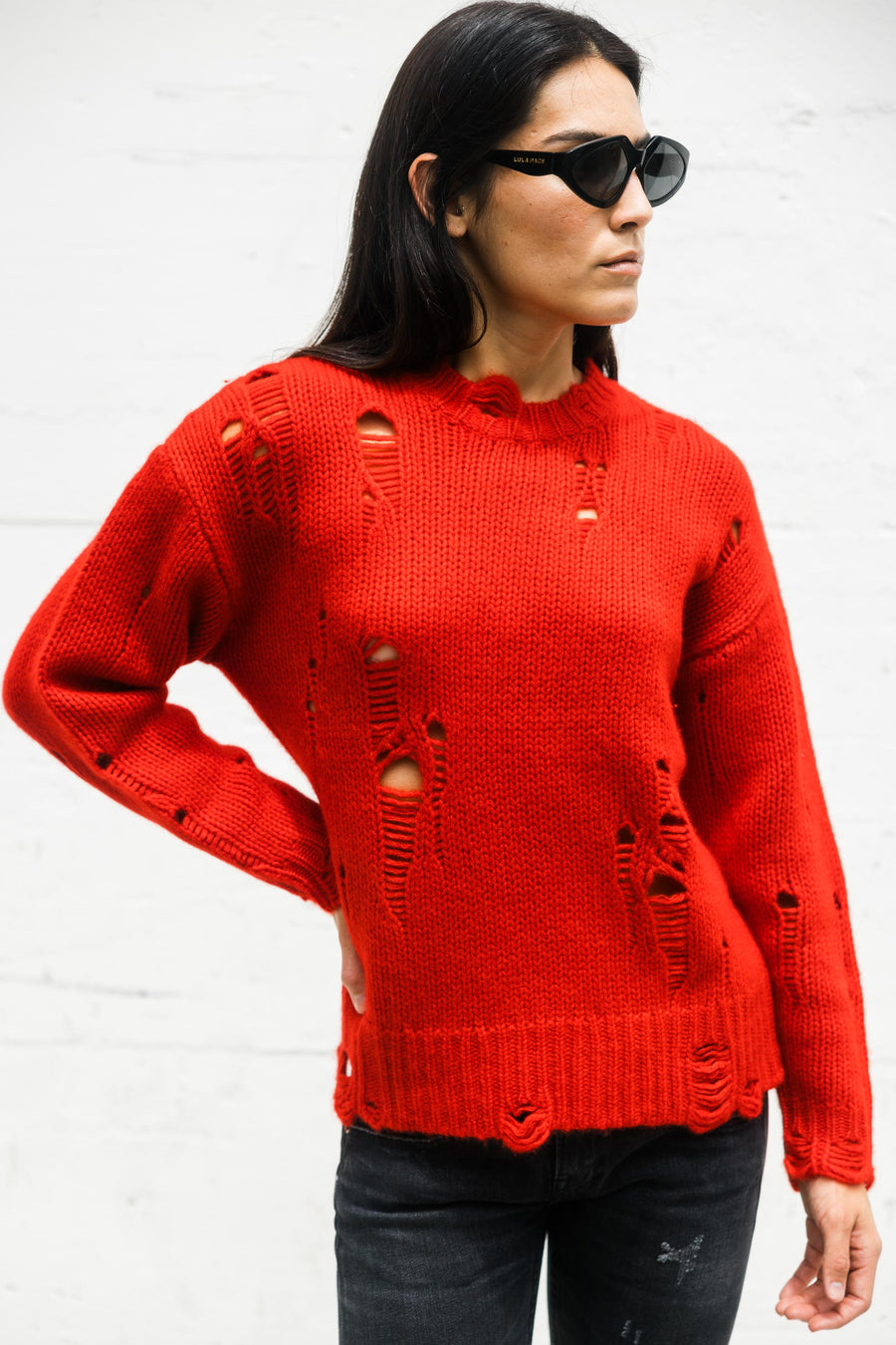 Distressed Oversized Sweater In Red Cashmere