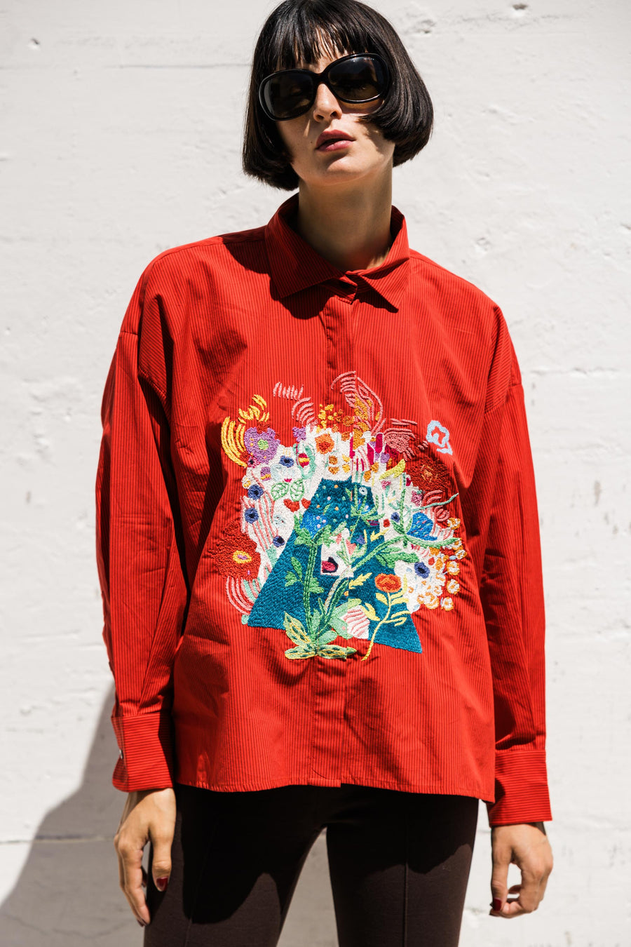 Hand Embroidered Cotton Shirt In Red