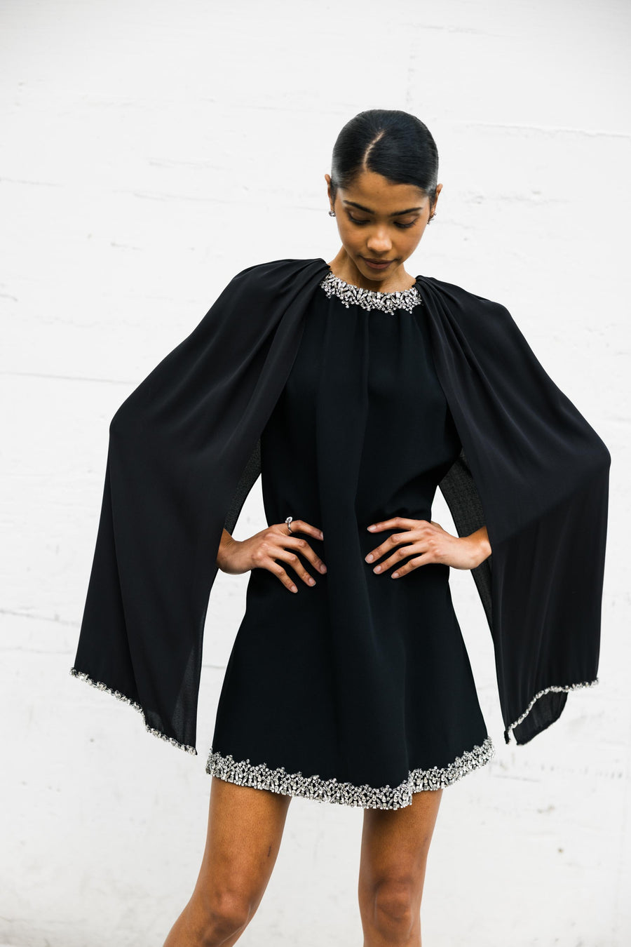 Crystal Lined Dress w/ Cape in Black