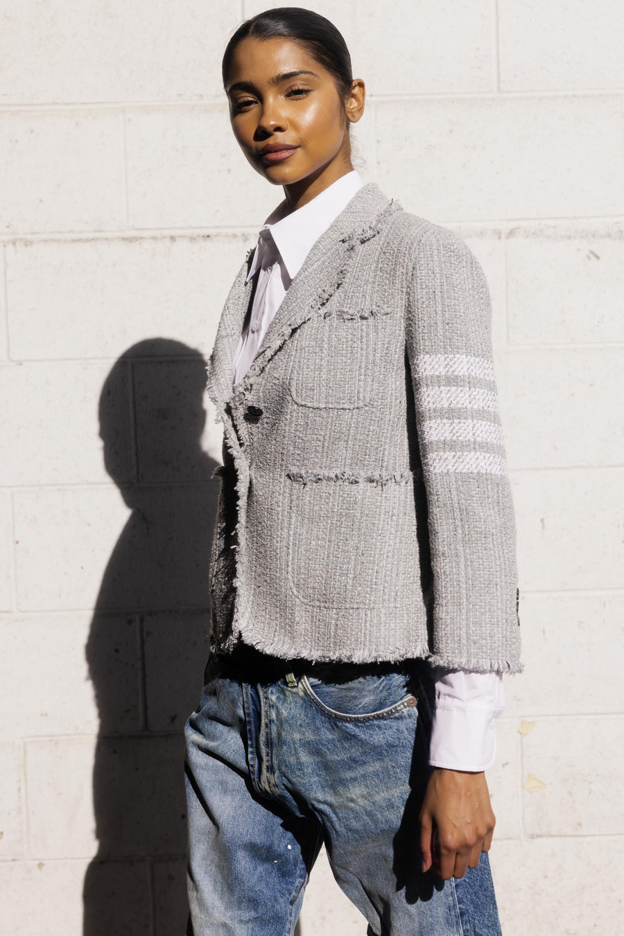 CROPPED SACK JACKET (UNCONSTRUCTED) IN WOVEN 4 BAR SOLID COTTON TWEED IN MED GREY