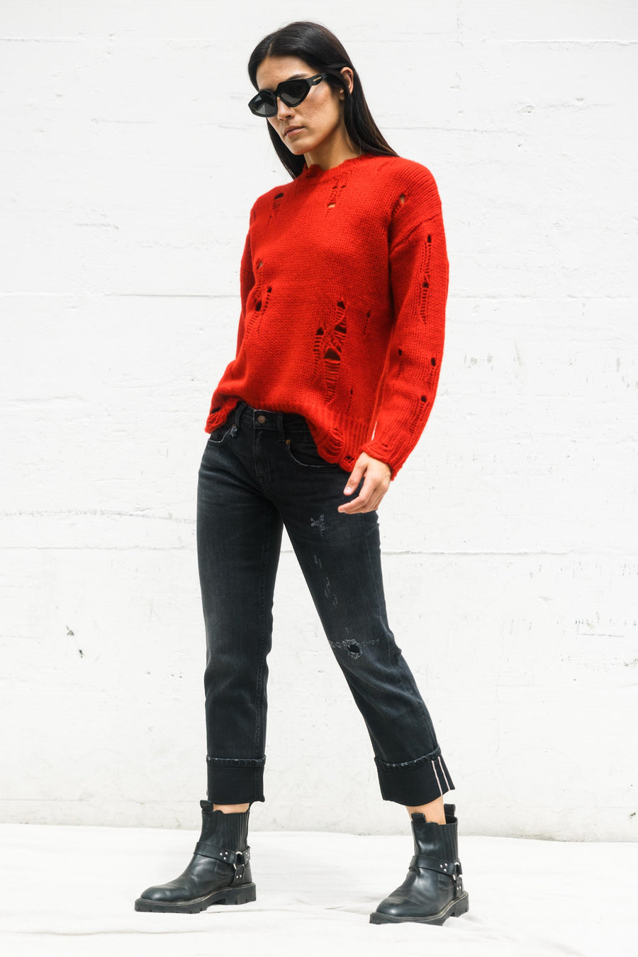 Distressed Oversized Sweater In Red Cashmere