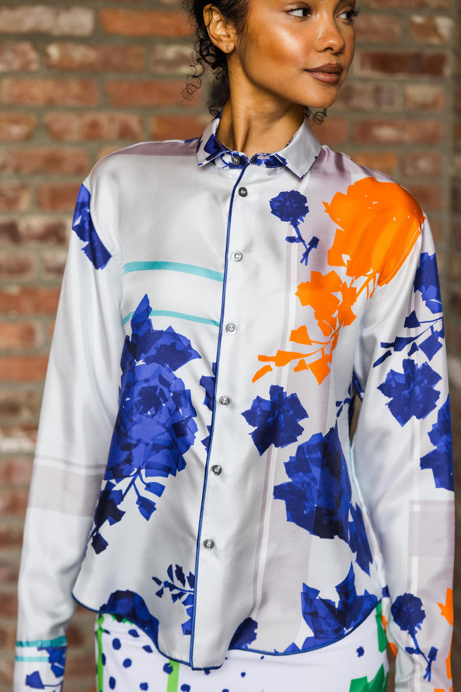 Classic Shirt in Pure Silk Twill Floral Orange & Blue