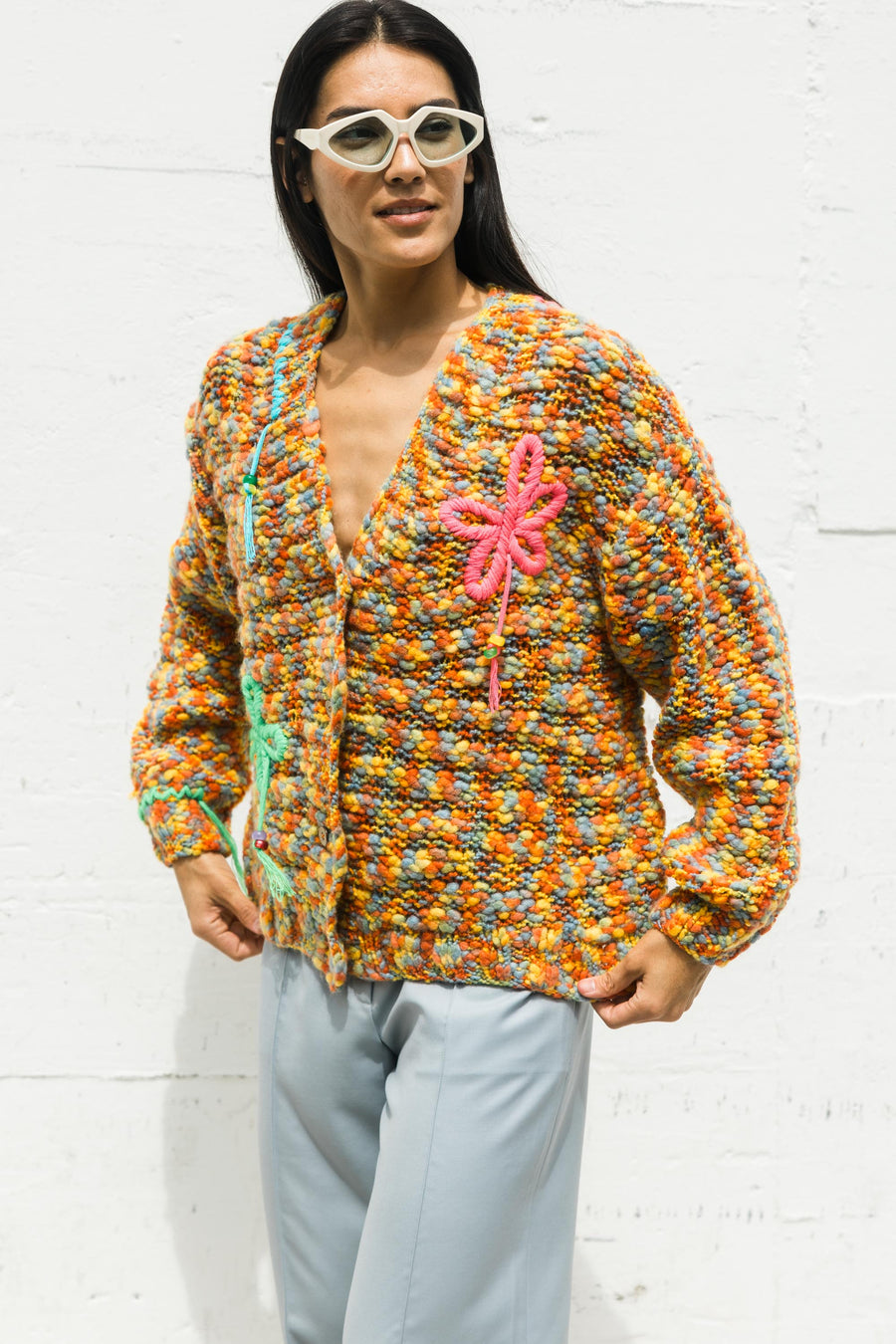 Hand Knitted Floral Embroidered Open Knit Cardigan in Multi