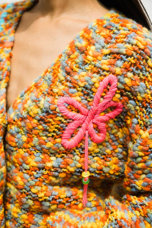 Hand Knitted Floral Embroidered Open Knit Cardigan in Multi
