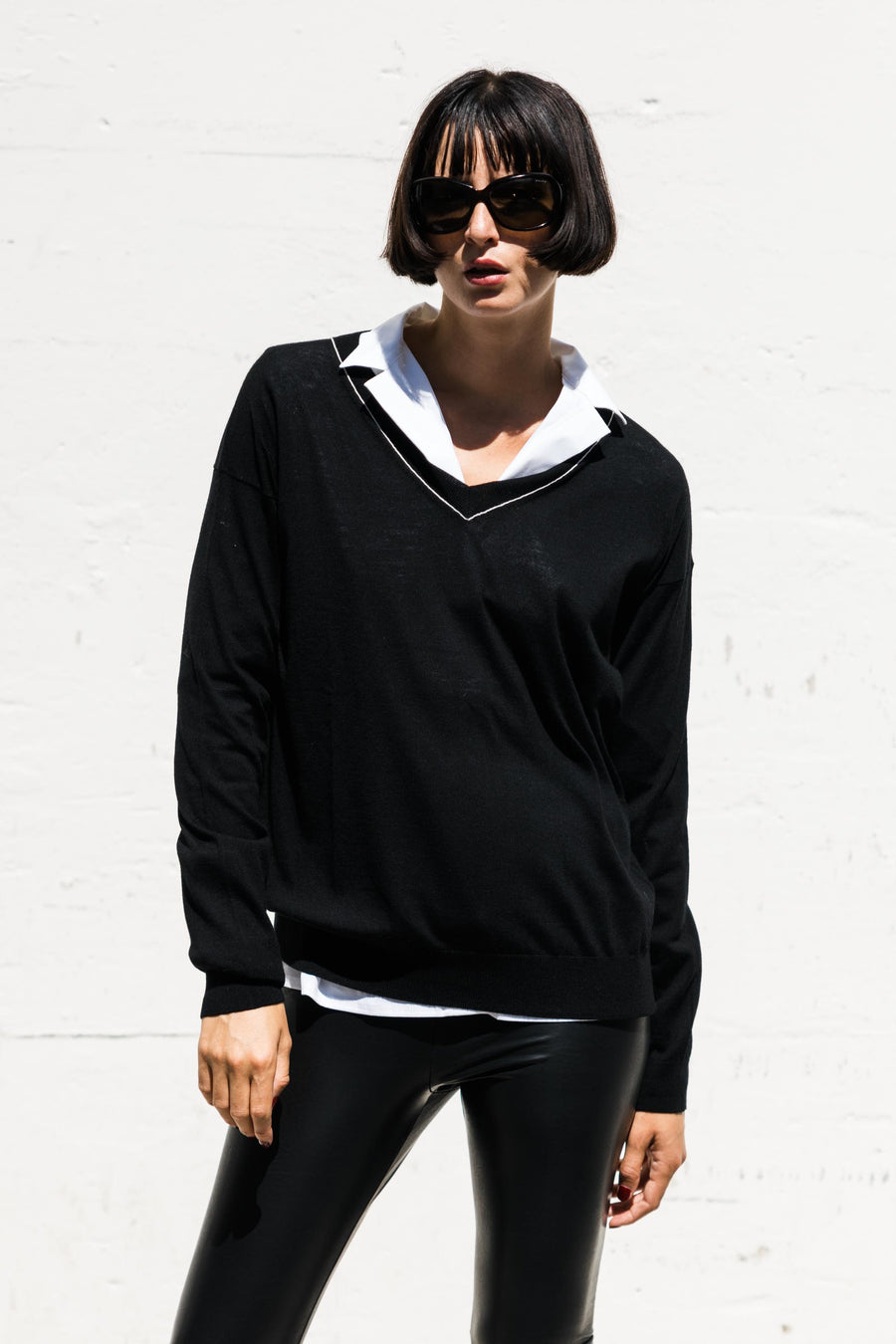 Larissa V-Neck Sweater in Black Bone