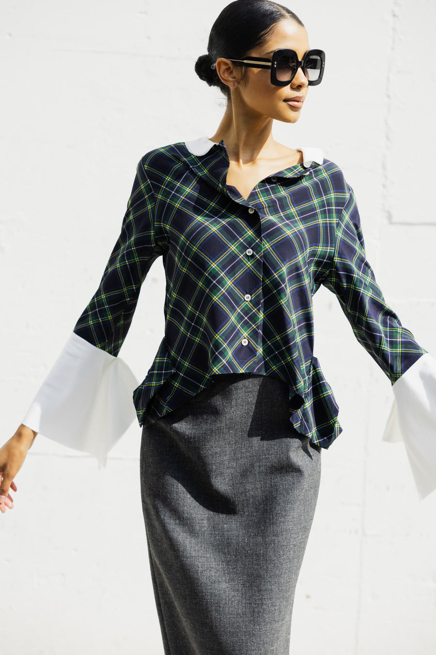SHIRT WITH LAYERED COLLAR AND CUFFS IN BLUE/GREEN MULTI