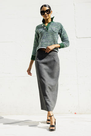 STRIPED TWEED POLO SWEATER WITH 3/4 SLEEVE IN GREEN MULTI