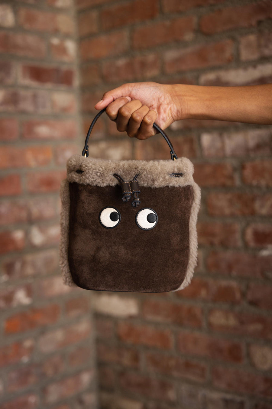 Drawstring Cross Body Eyes in Coffee Suede with Shearling