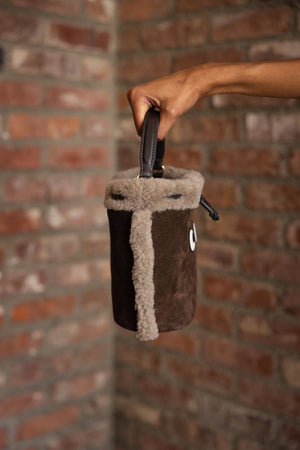 Drawstring Cross Body Eyes in Coffee Suede with Shearling