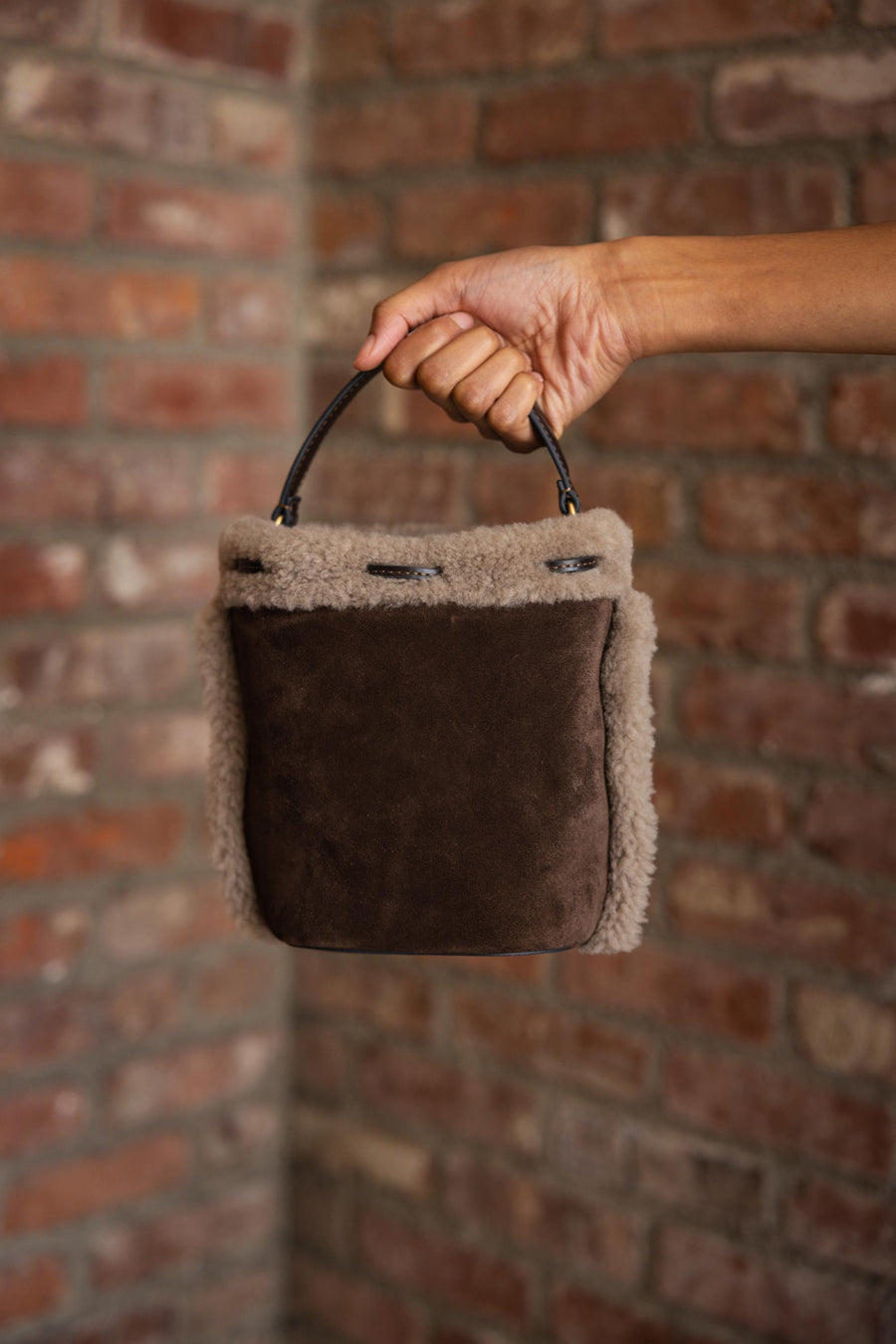 Drawstring Cross Body Eyes in Coffee Suede with Shearling