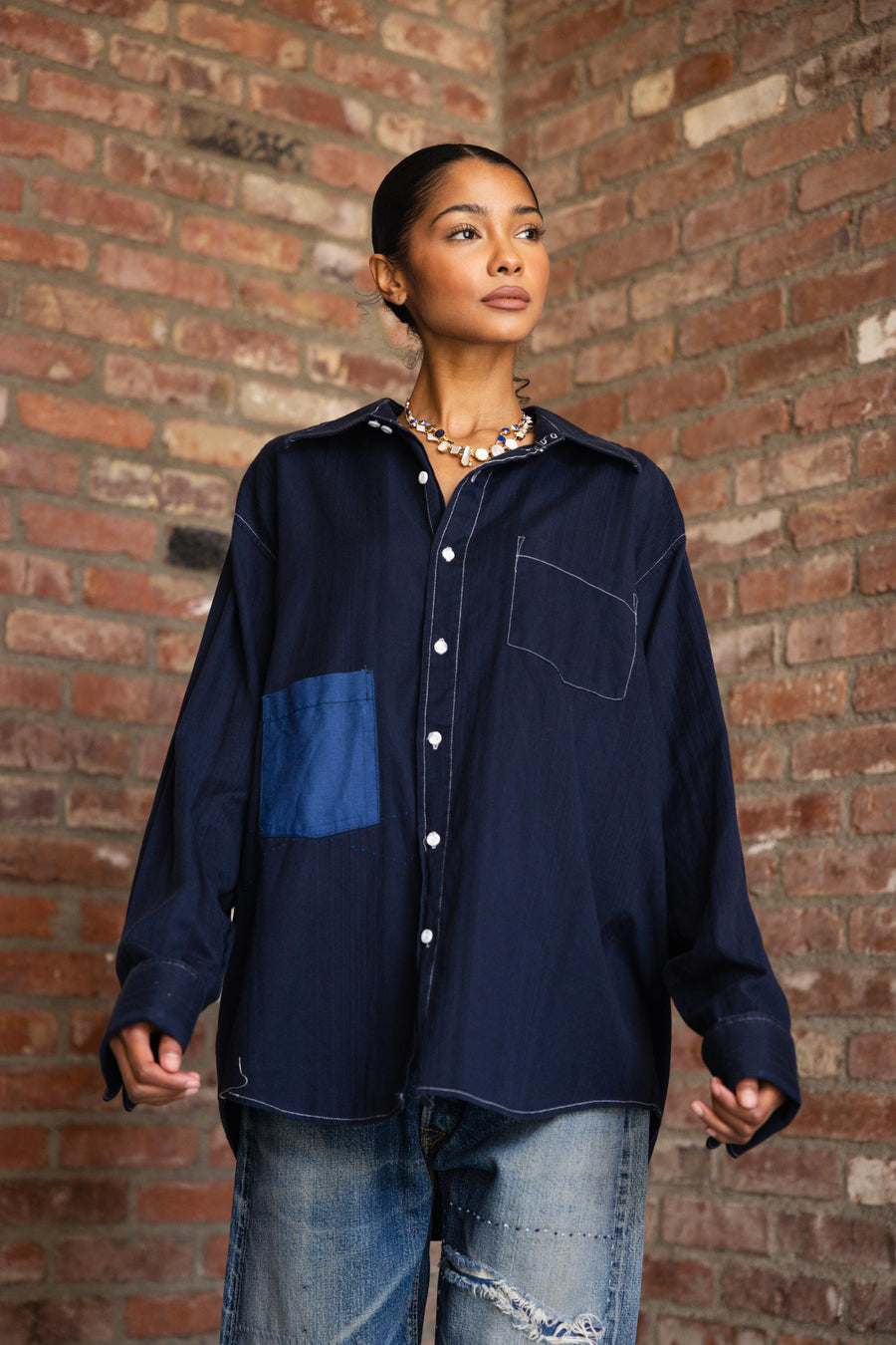 Blue Front Button Shirt with Extra Pocket