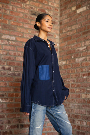 Blue Front Button Shirt with Extra Pocket