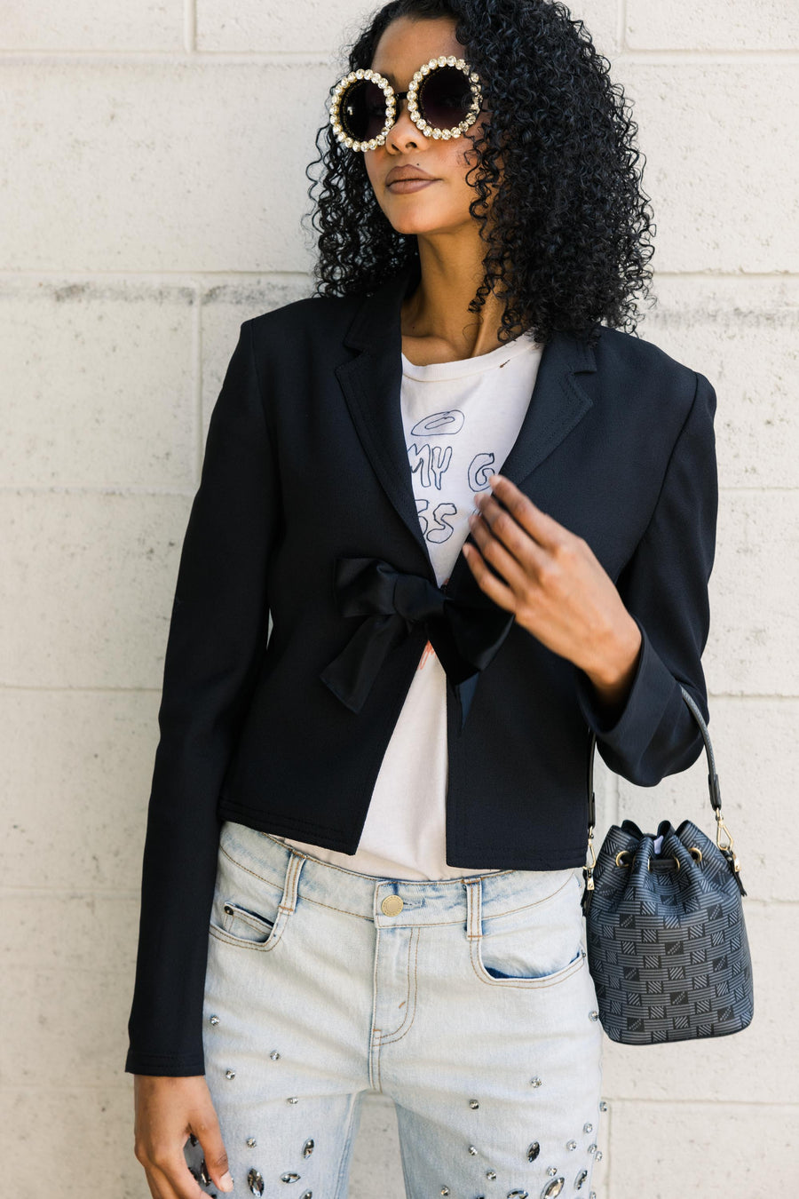 SS24 Bow-Embellished Crepe Blazer in Black